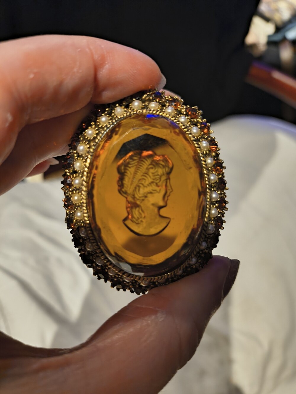 Amber Cameo Brooch with Pearl Accent